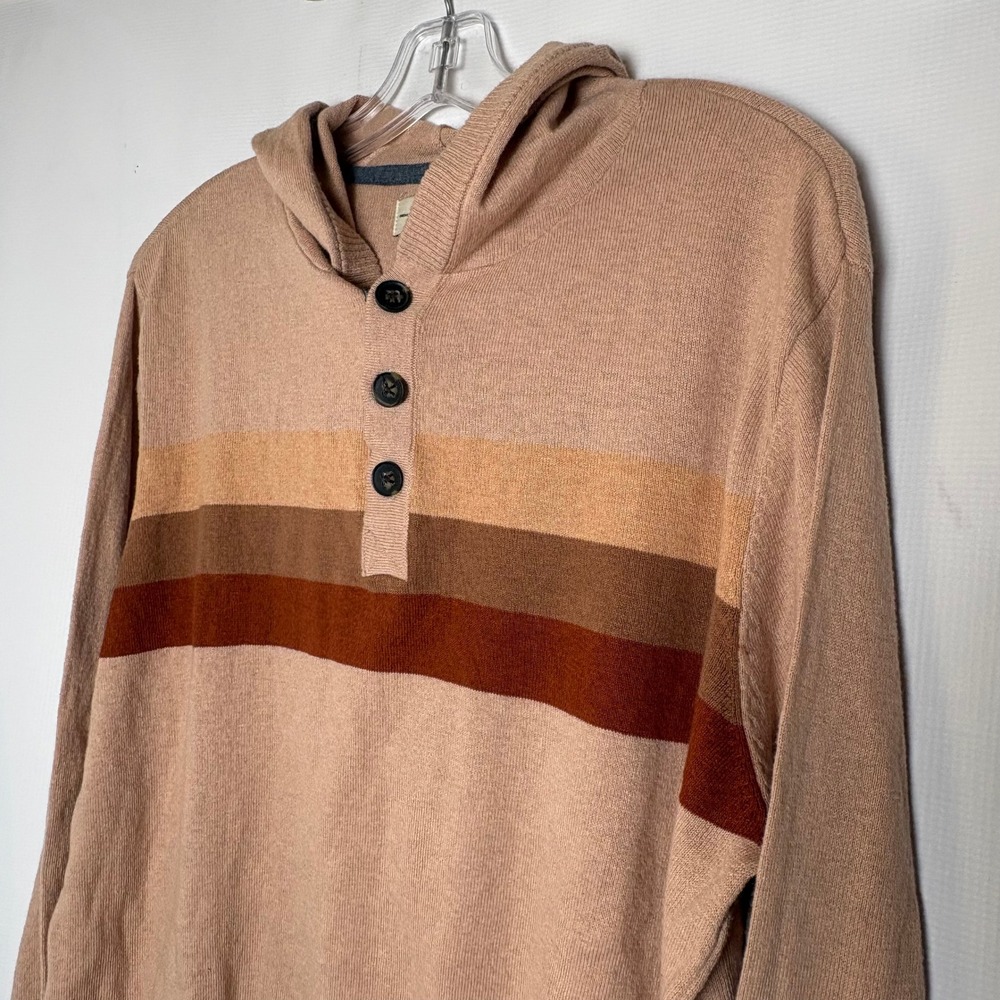 Hawker Rye Mens Cotton Cashmere Striped Henley Hoodie Sweater Tan Large Soft - Picture 2 of 9